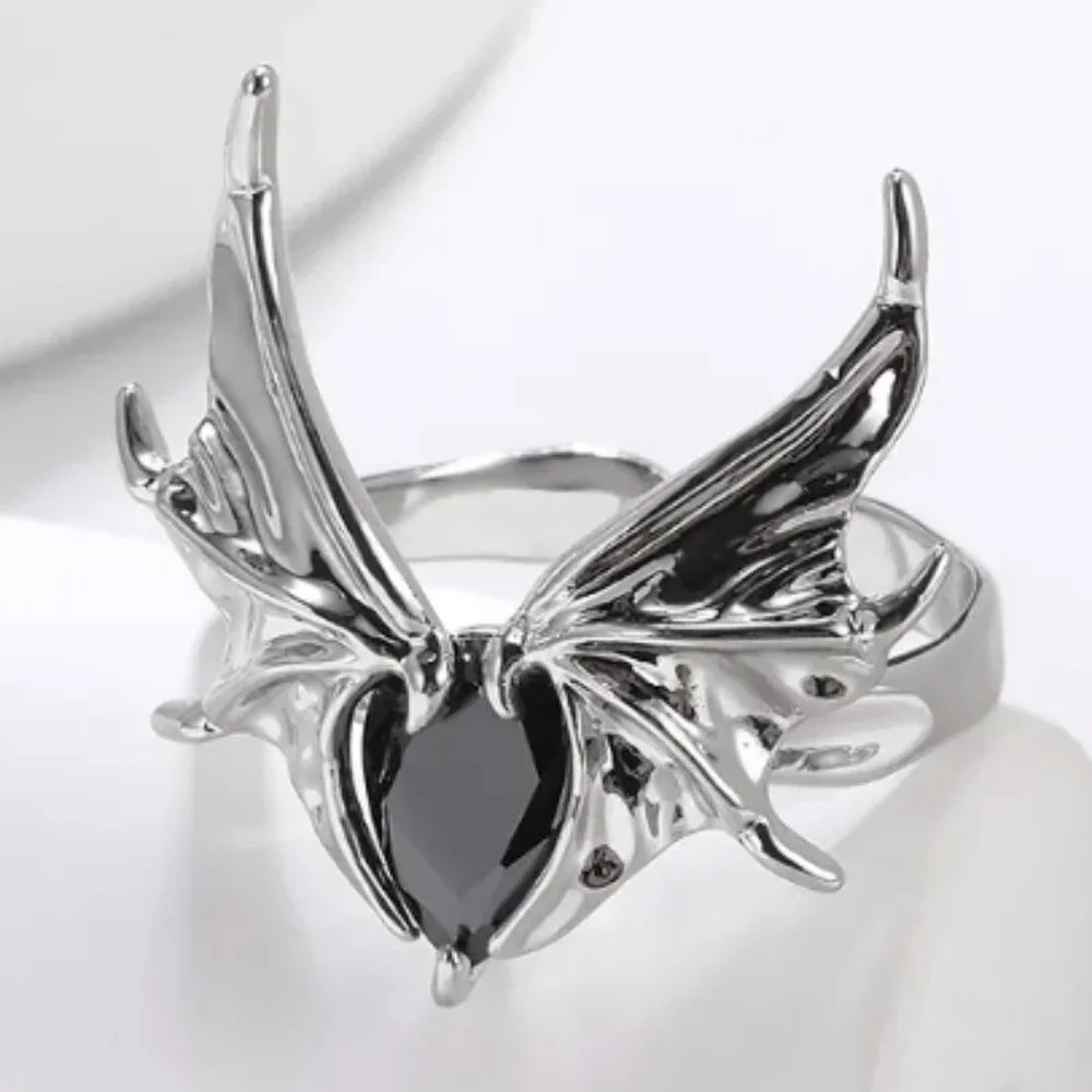 304 Stainless Steel Halloween Retro Gothic Bat Wings Zircon Open Adjustable Ring